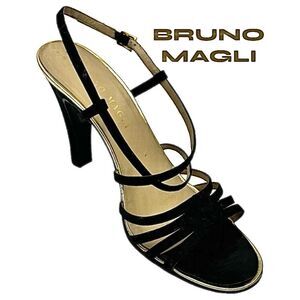 Bruno Magli Women’s Black Satin Open Toe Ankle Strap Heels Size 8M Italy